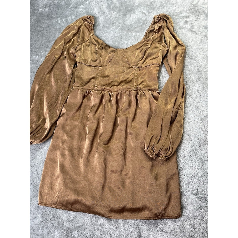 Altrd State Womens Babydoll Mini Dress Sz XS Long Slv Metallic Gold Smocked